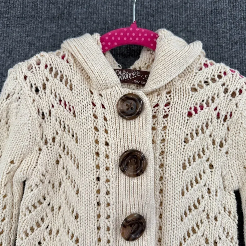Vintage Old Navy Girls Chunky Open Knit Hooded Sweater Size S Cream Button Front